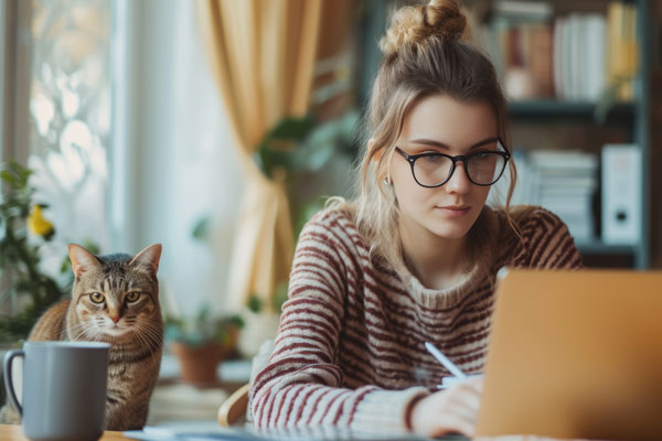 young woman with laptop concentrating with cat nearby